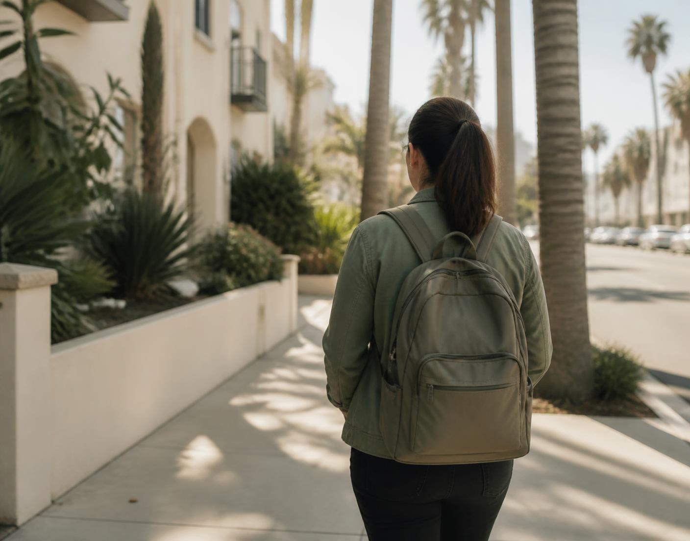 An outreach worker with a backpack walking along a sunlit San Diego sidewalk.