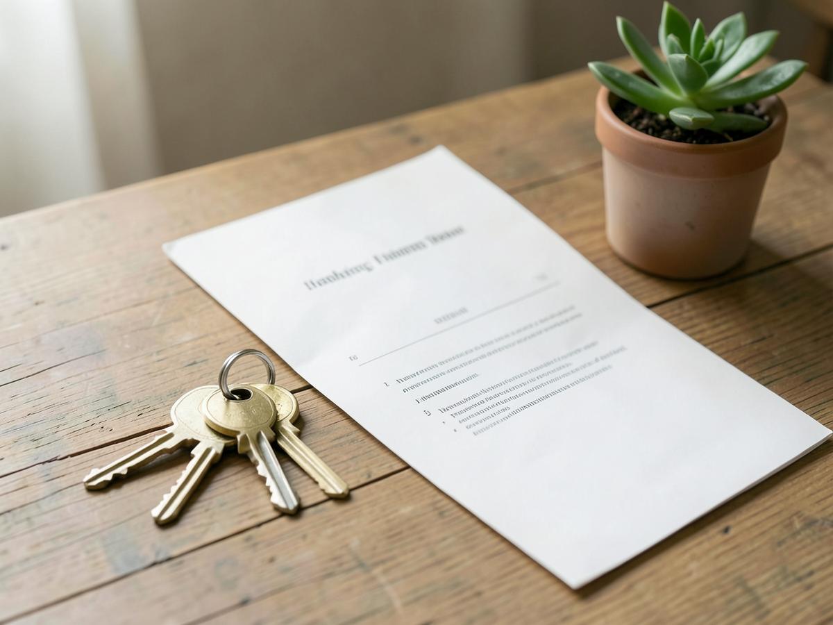 House keys and housing paperwork resting on a table.