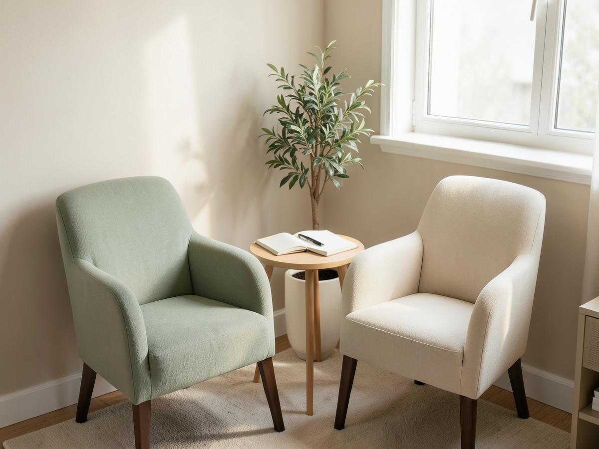A quiet office with two chairs and an open notebook.