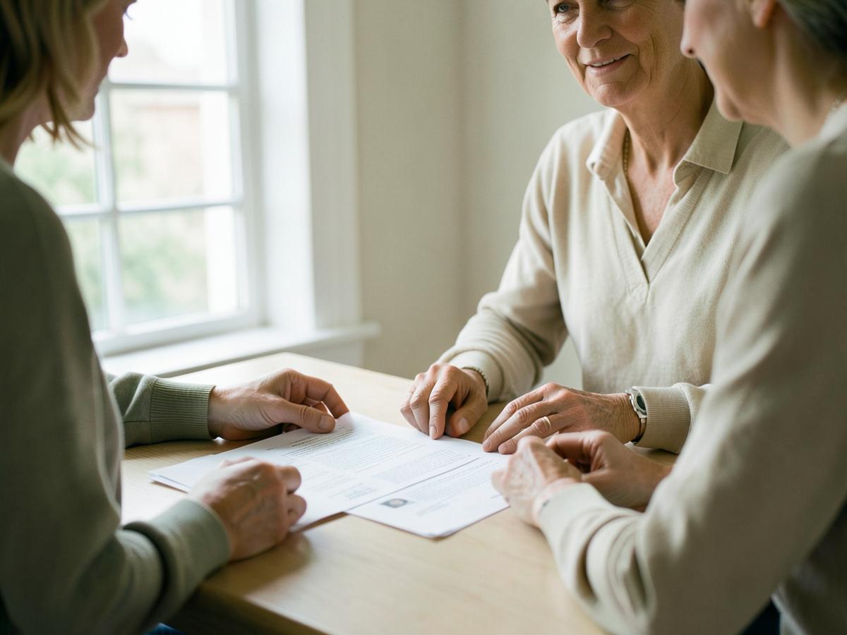 Two people reviewing service resources together at a table.